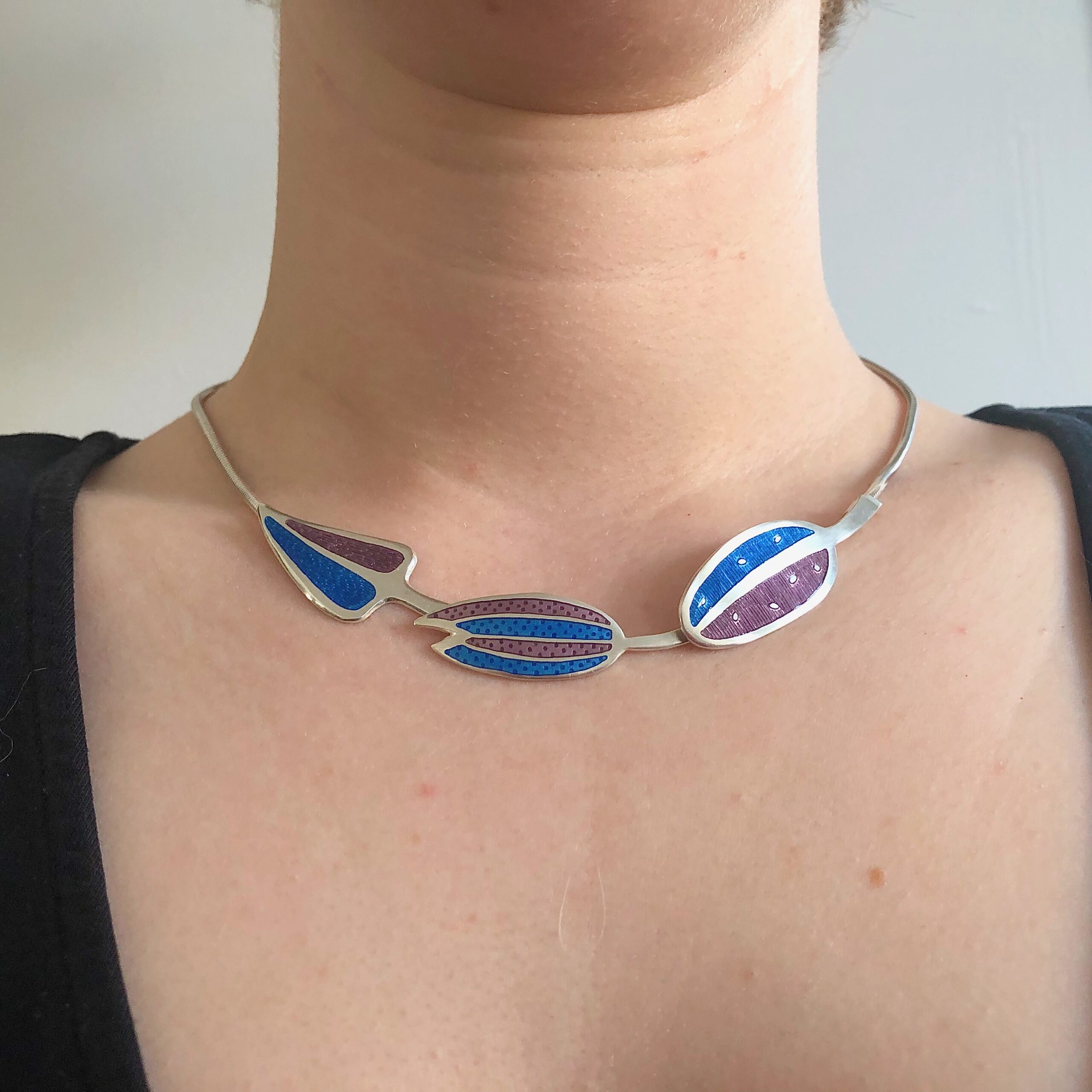 Three Leaf Enamelled Silver Necklace