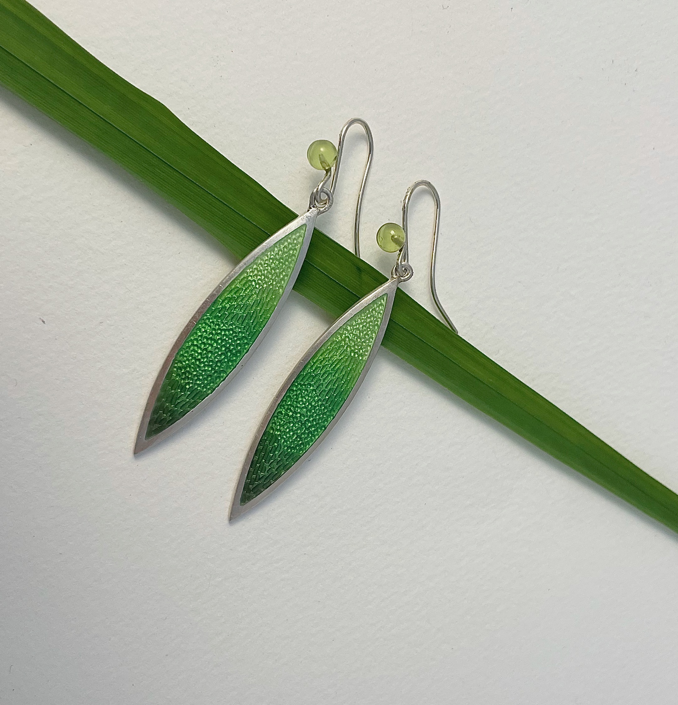 Extra Long leaf green earrings with peridot - Image 6