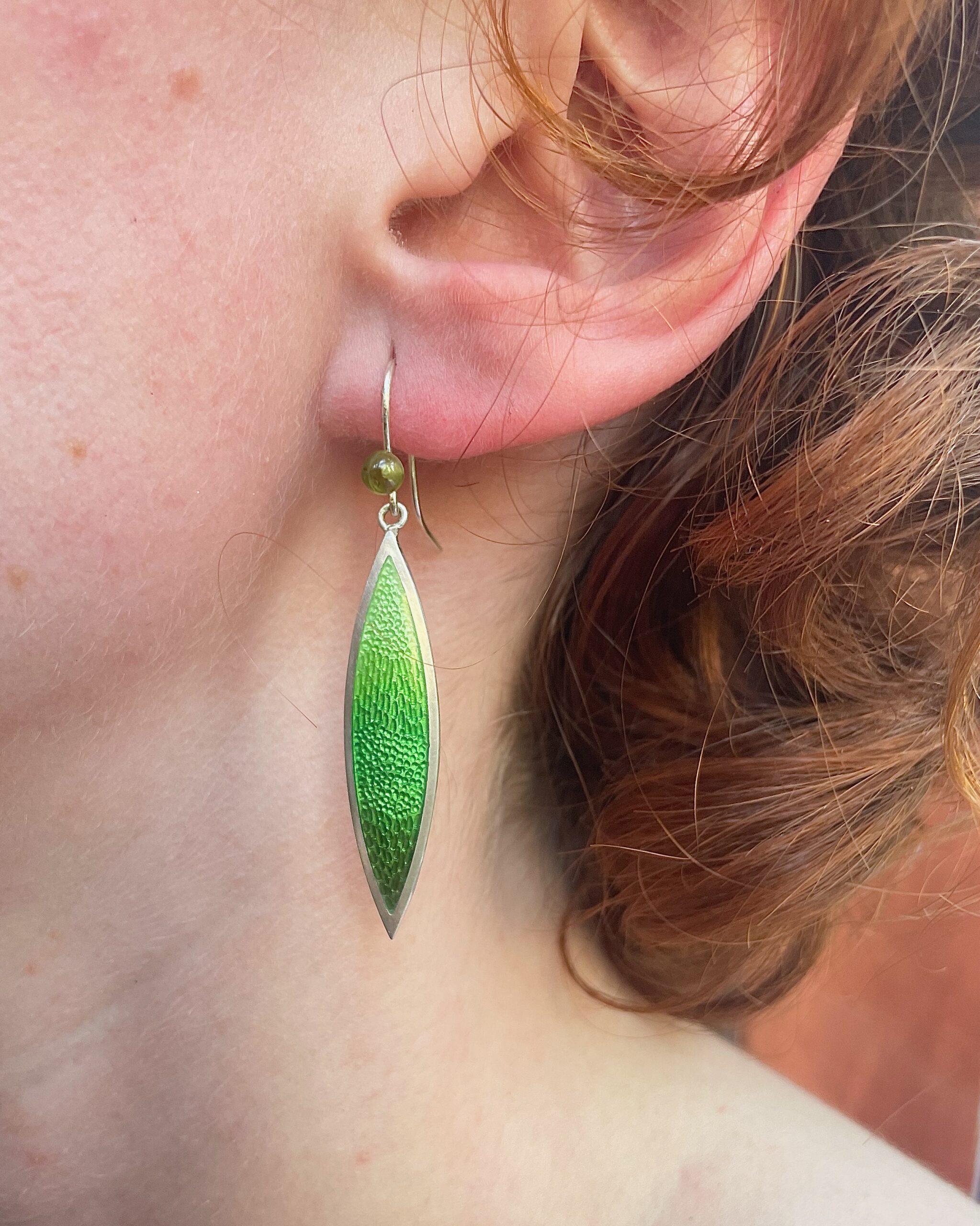 Extra Long leaf green earrings with peridot - Image 5