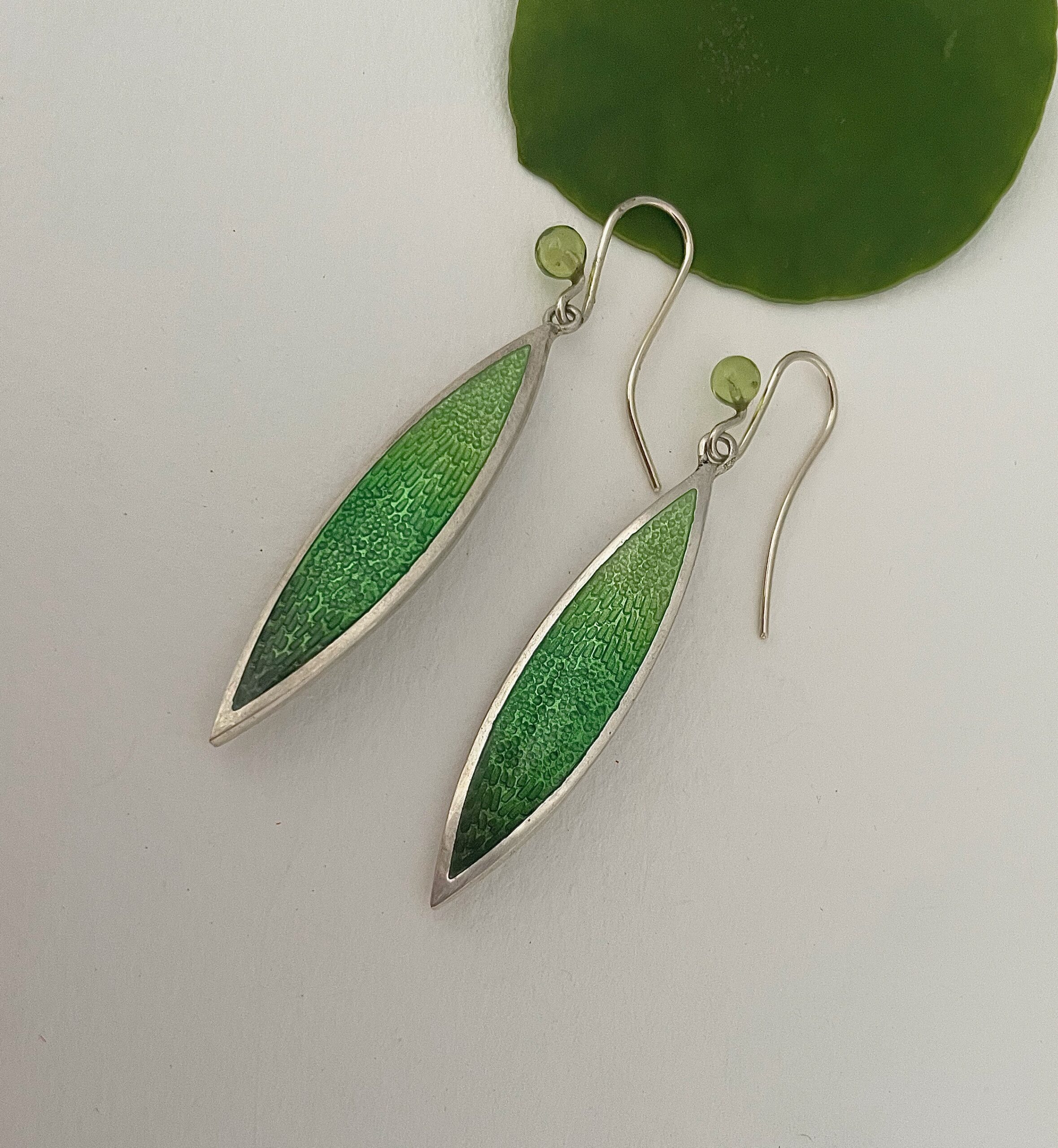 Extra Long leaf green earrings with peridot